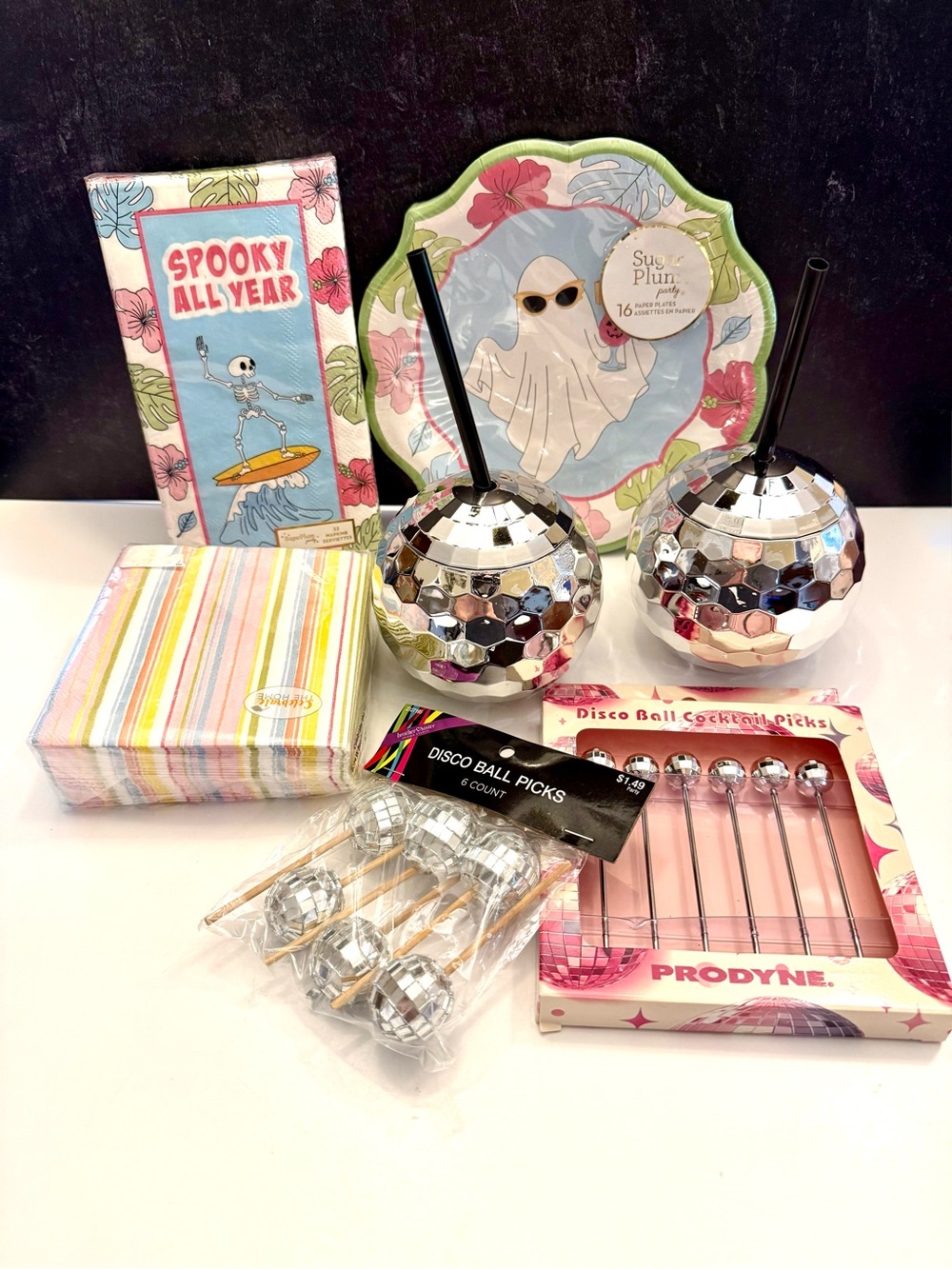 Sugar Plum Pink & Green Halloween Party Set with Disco Ball Cups